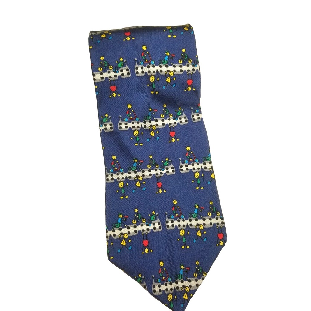 Buffalo Bay Stick People Playing Riding Bikes Blue Colorful Silk‎ Pointed Tie